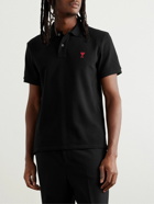 AMI PARIS - Logo-Embroidered Organic Cotton-Piqué Polo Shirt - Black