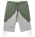 Greg Lauren - Slim-Fit Cotton-Twill Panelled Loopback Mélange Jersey Drawstring Shorts - Green