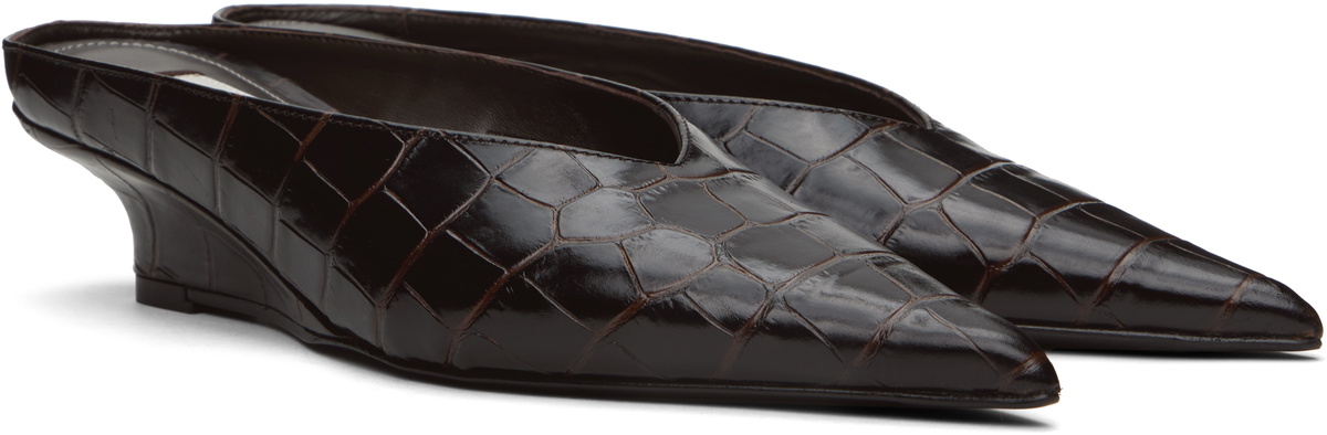 TOTEME Brown Sharp Croco-Embossed Wedge Mules Toteme