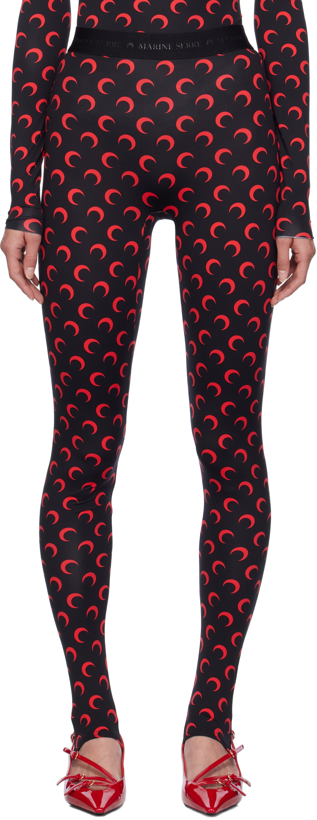Marine Serre Black & Red Recycled Jersey Moon Stirrup Leggings