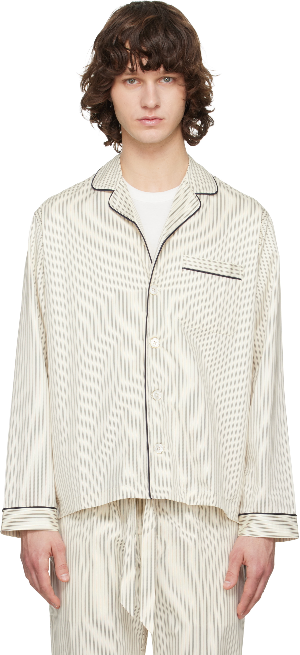 Tekla Beige Sateen Long-Sleeved Pyjama Shirt