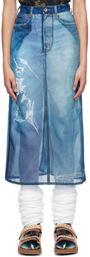 Photo: Doublet Indigo See-Through Print Denim Maxi Skirt