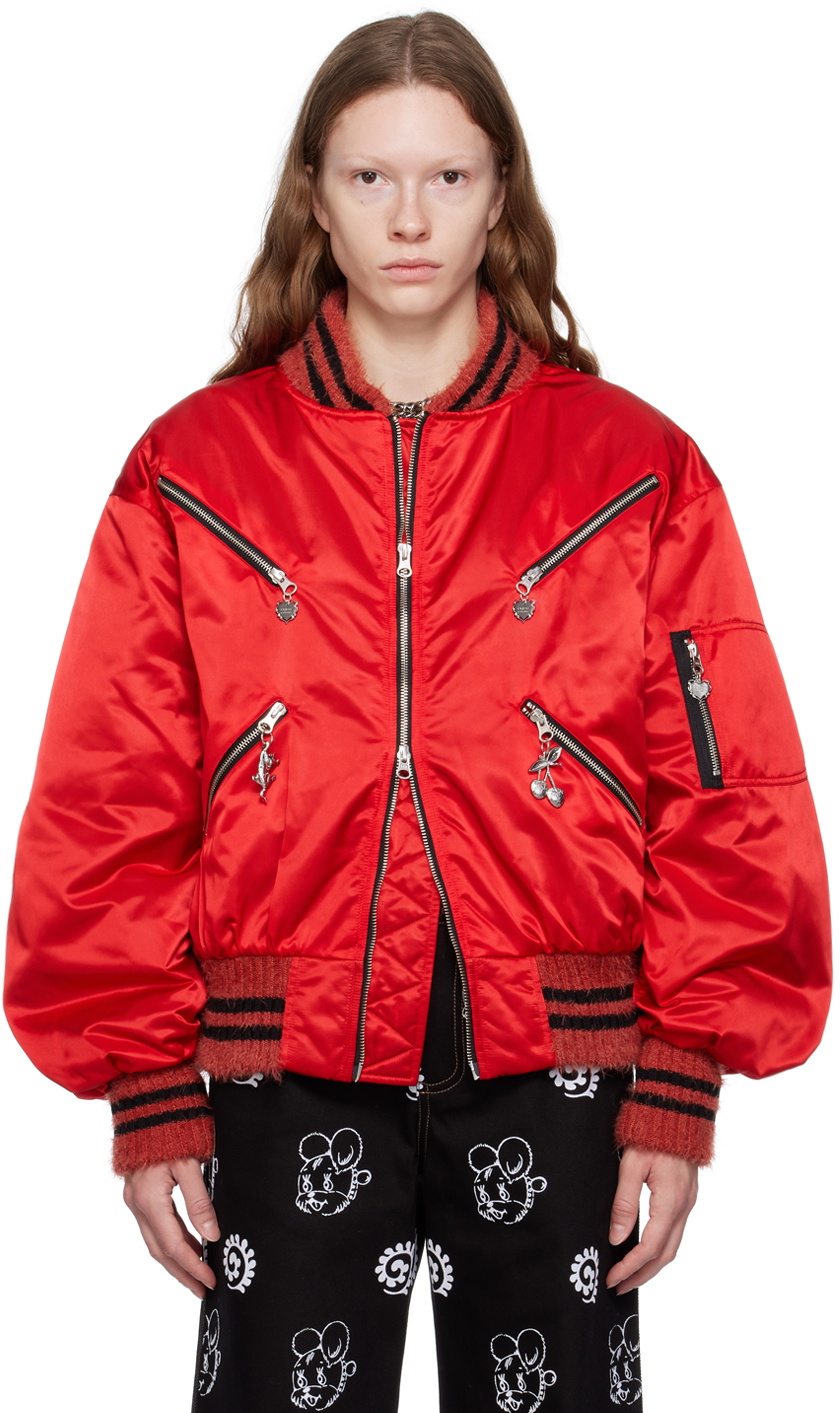 Chopova Lowena Red Beaded Bomber Jacket
