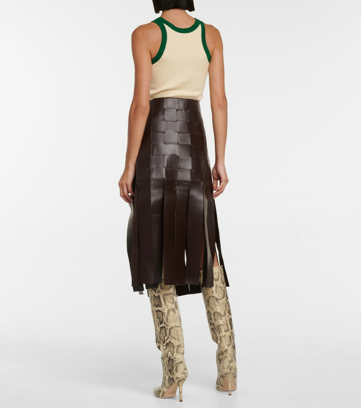 Dodo Bar Or Fringe-trimmed woven leather midi skirt