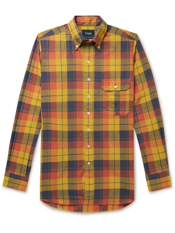 Photo: DRAKE'S - Button-Down Collar Checked Cotton, Linen and Ramie-Blend Shirt - Yellow