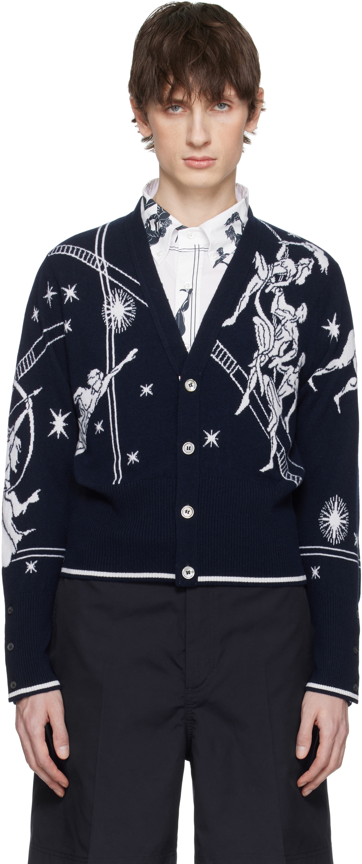 Thom Browne Navy Olympic Constellation Classic Cashmere Cardigan