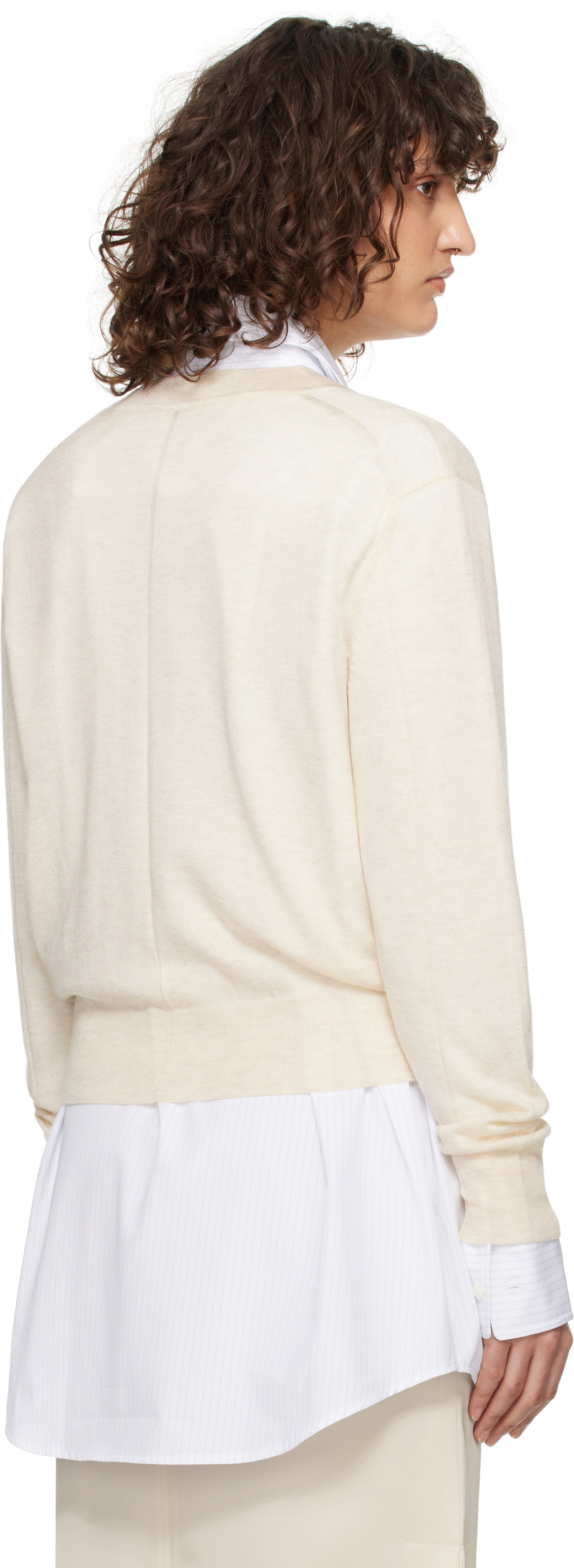 RECTO Off-White Deep Henley Neck Sheer Knit Sweater