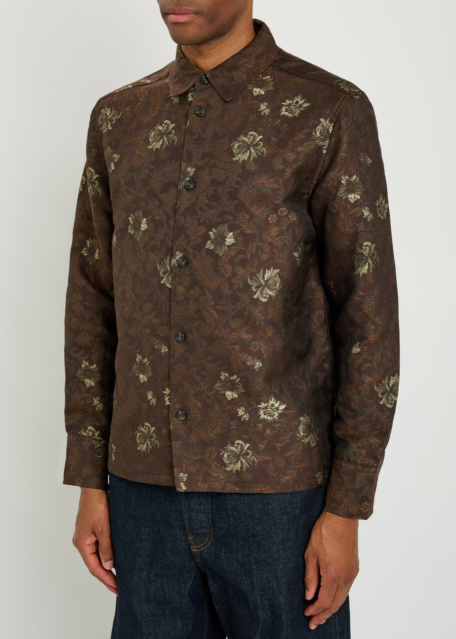 Les Deux Kaleb Floral-jacquard Woven Overshirt Grey