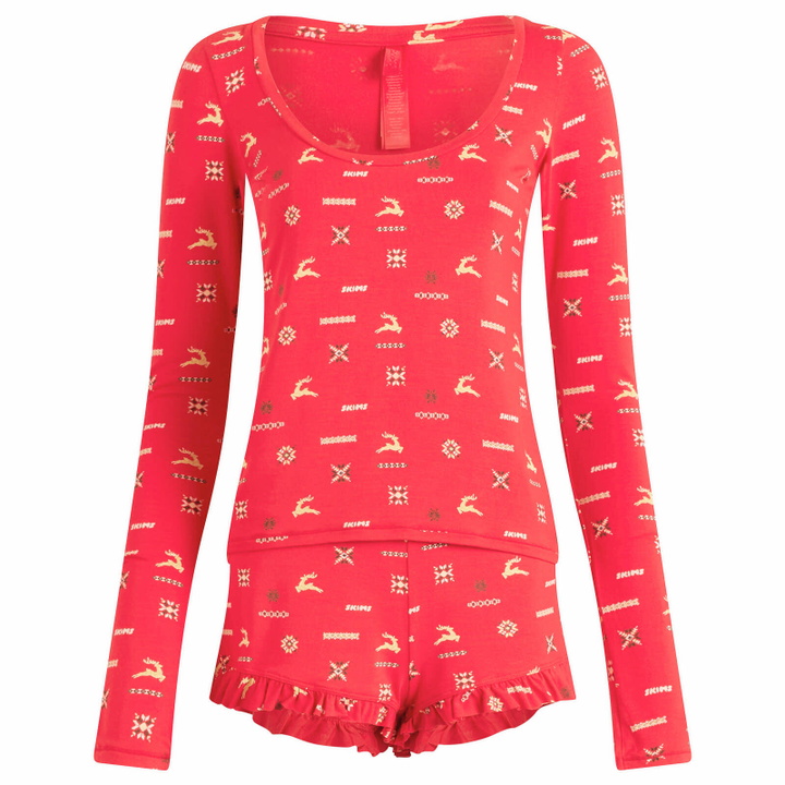 Photo: SKIMS Women's Sleep Scoop Neck Top & Short Sleep Set in Cranberry Vintage Deer Print