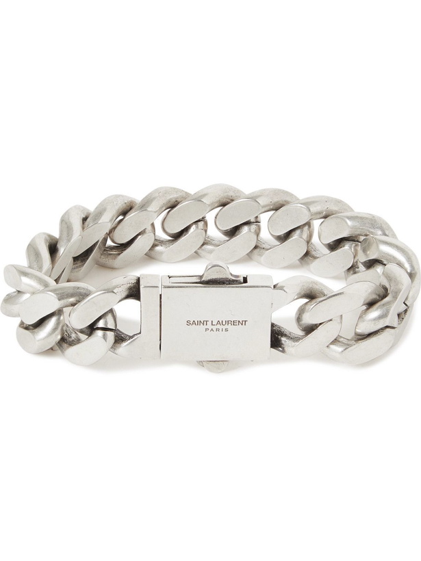 Photo: SAINT LAURENT - Logo-Engraved Burnished Silver-Tone Chain Bracelet - Silver