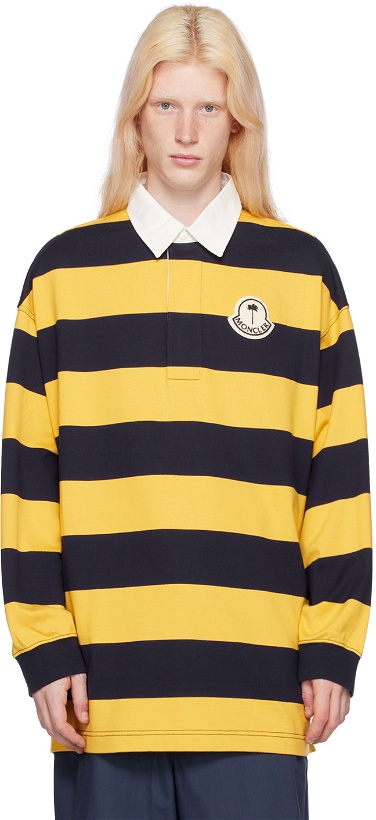 Photo: Moncler Genius Moncler x Palm Angels Yellow & Navy Striped Long Sleeve Polo