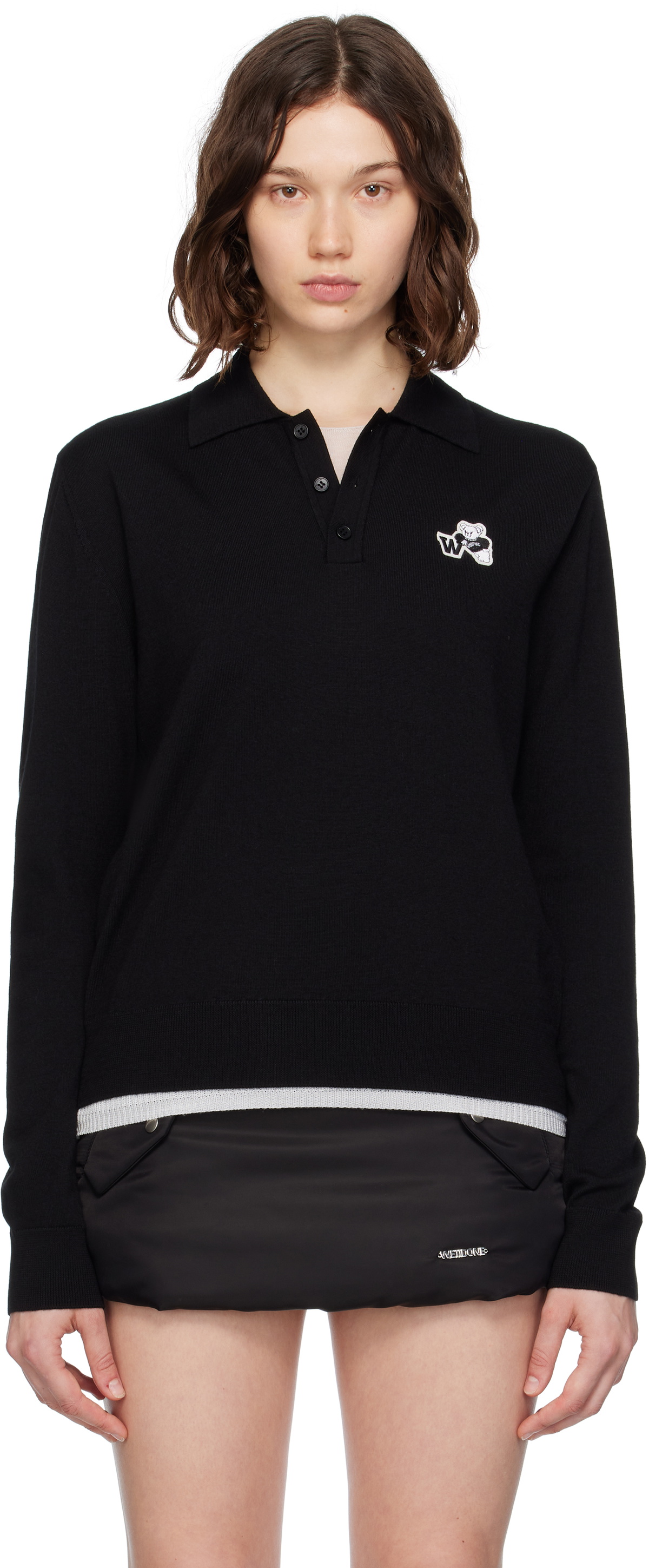We11done Black Wool Patched Logo Polo
