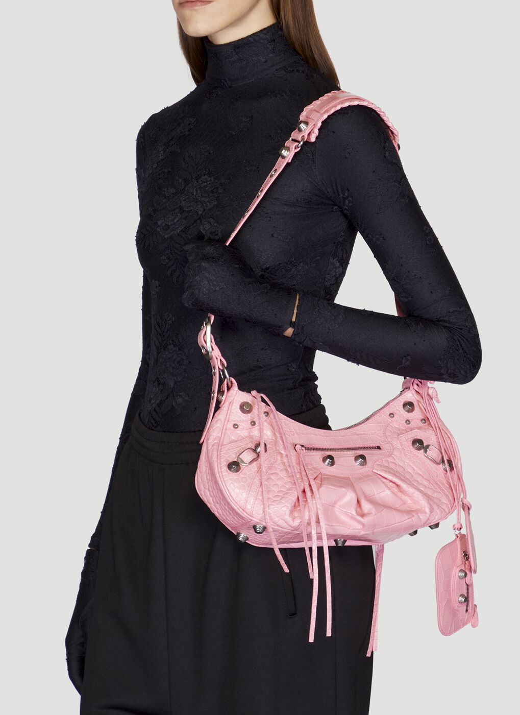 Balenciaga: Pink Croc Small 'Le Cagole' Shoulder Bag