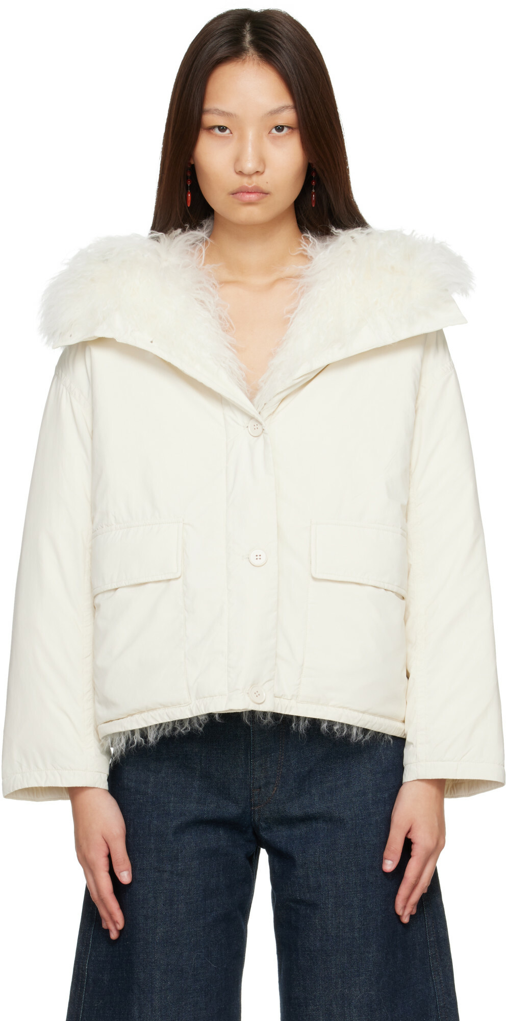 Yves Salomon White Curly Lamb Short Ultra-Light Down Jacket