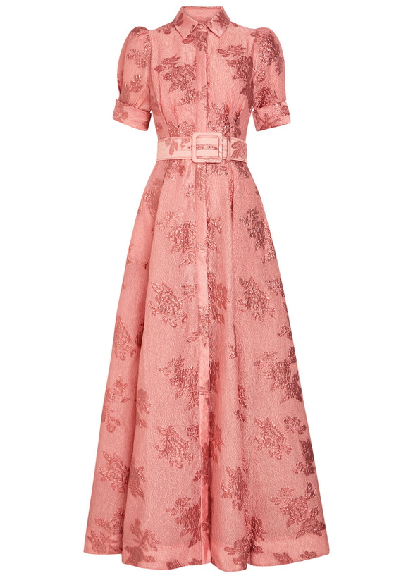Photo: Rebecca Vallance Annette Belted Floral-jacquard Cloqué Gown Peach