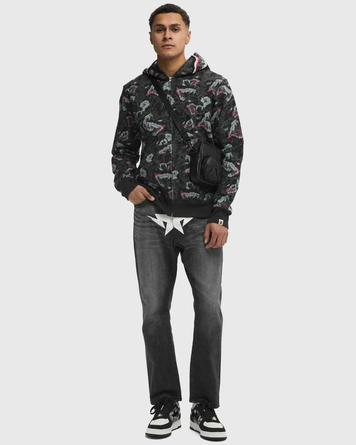 A Bathing Ape JAPANESE TATTOO CAMO SHARK FZ HOODIE Black Mens