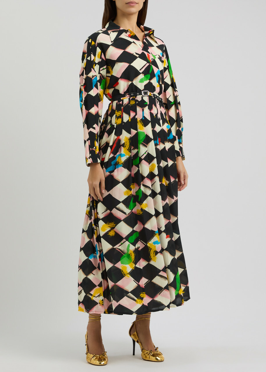 Lovebirds Printed Belted Silk Midi Shirt Dress Multicoloured