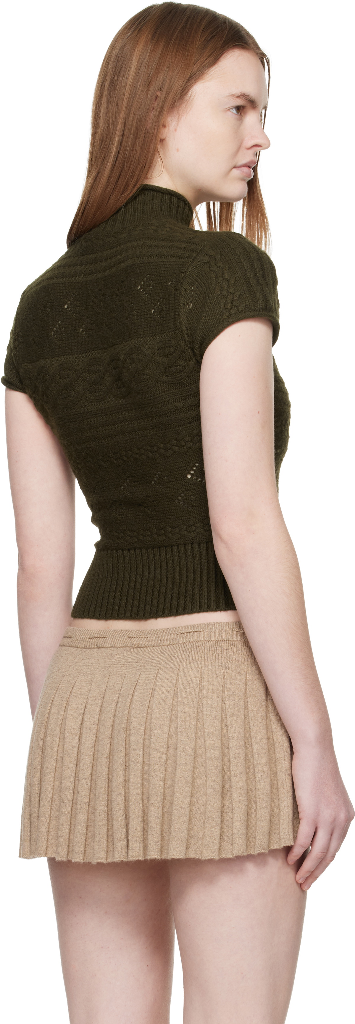 GUIZIO Khaki Vivienne Short Sleeve Cable Turtleneck