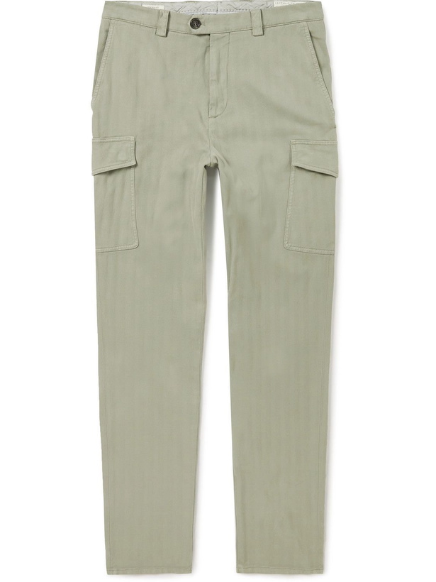 Photo: Brunello Cucinelli - Slim-Fit Garment-Dyed Herringbone Cotton-Blend Cargo Trousers - Green