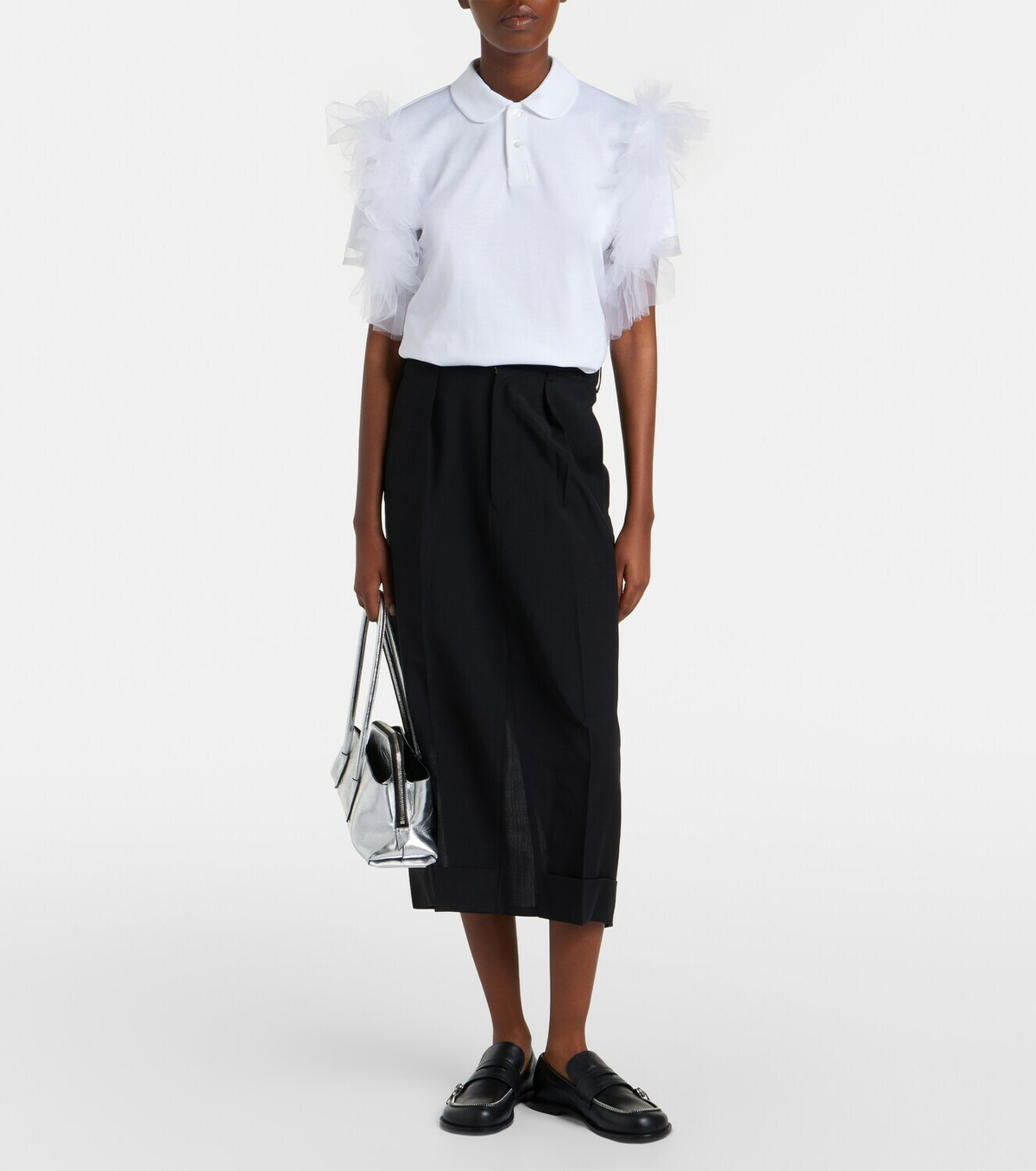 Noir Kei Ninomiya Tulle-trimmed cotton polo shirt