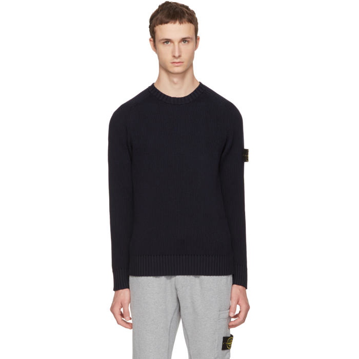 Photo: Stone Island Navy Rib Knit Logo Sweater 