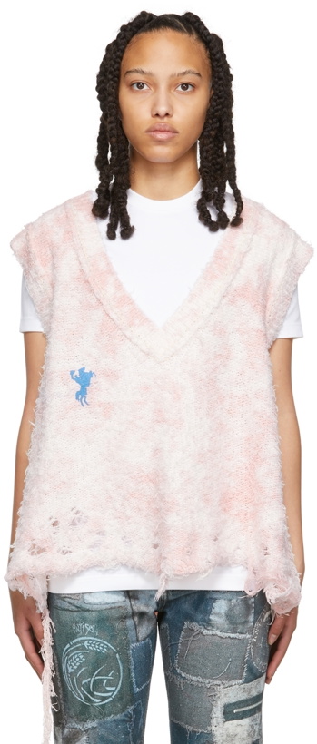 Photo: Doublet Pink & White Knit Bleached V-Neck Vest