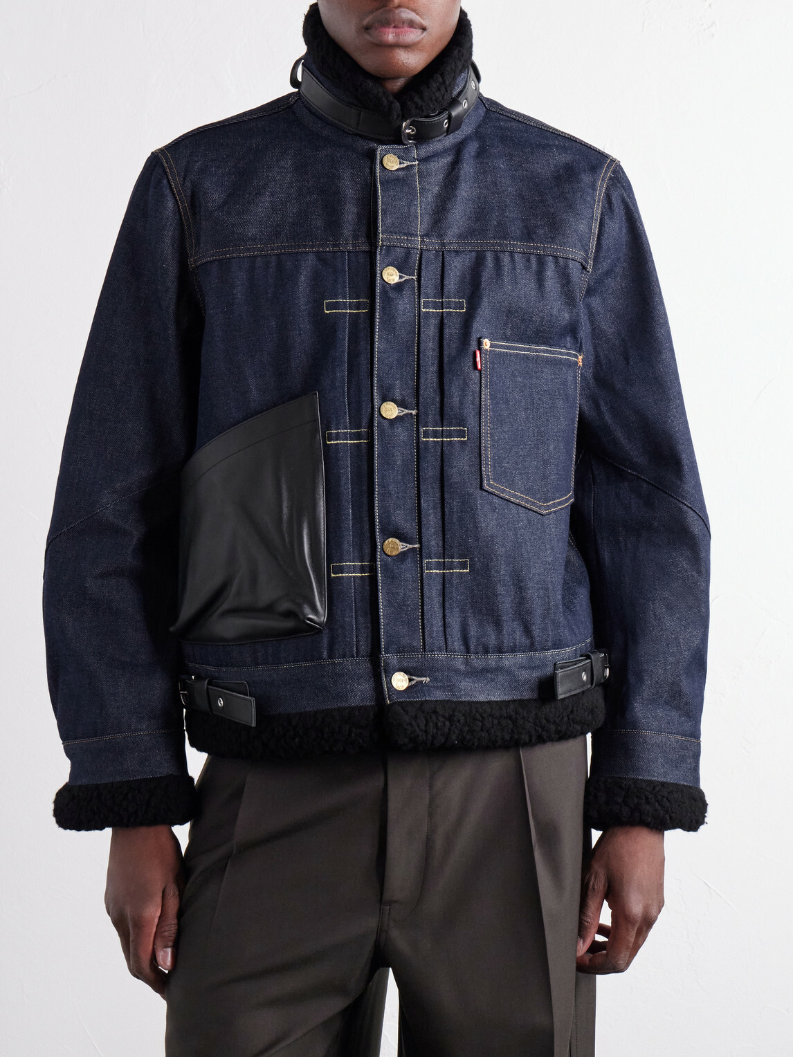 Sacai - Levi's Plush and Leather-Trimmed Denim Jacket - Blue