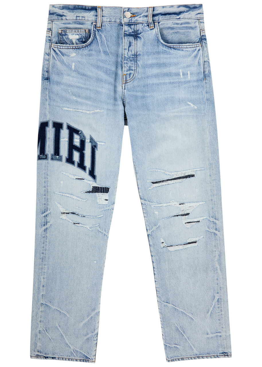 AMIRI ロゴプリント ストレートデニム Amiri Logo Distressed Straight-leg Jeans Blue Amiri