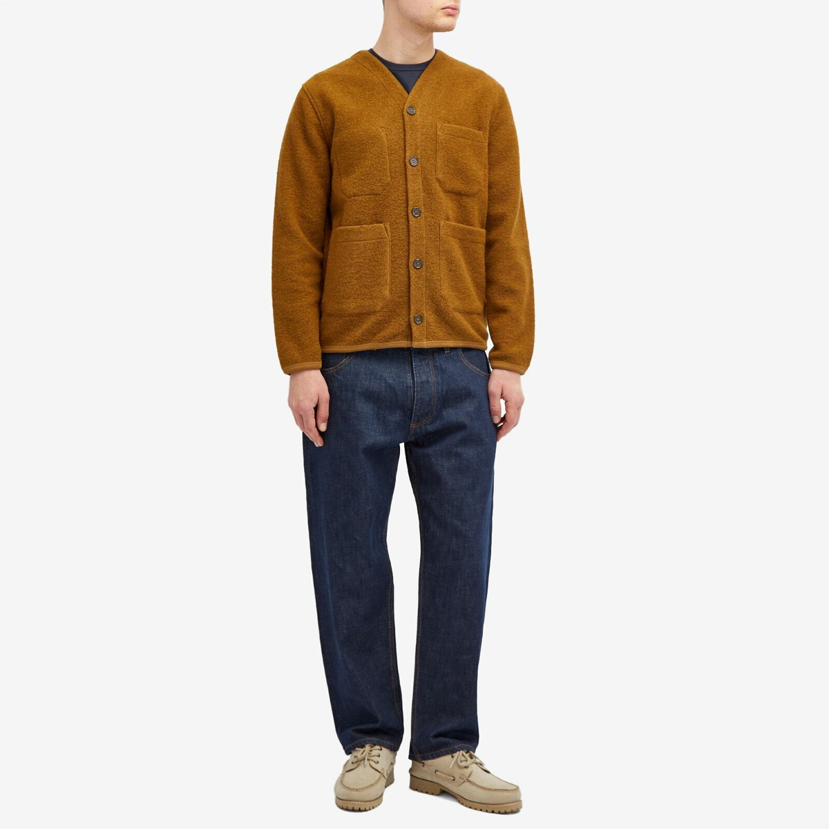 Universal Works Men's Wool Fleece Cardigan in Mustard