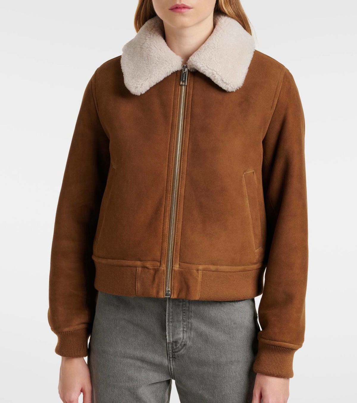 Yves Salomon Shearling-trimmed suede bomber jacket