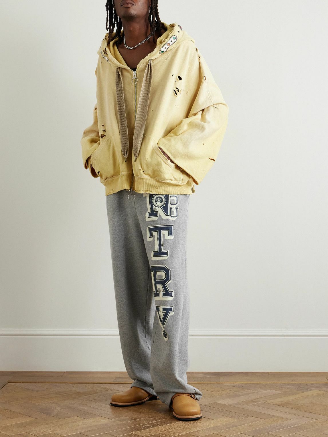 KAPITAL - Embelished Distressed Cotton-Jersey Zip-Up Hoodie