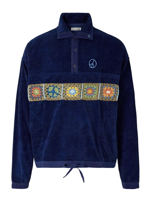 Photo: Story mfg. - Polite Oversized Embroidered Appliquéd Organic Cotton-Corduroy Sweatshirt - Blue