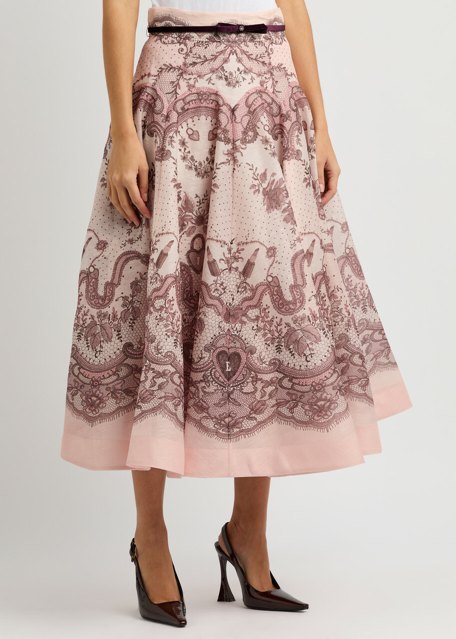 Zimmermann Crush Belted Printed Linen-blend Midi Skirt Multi