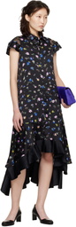 sacai Black Floral Printed Midi Dress