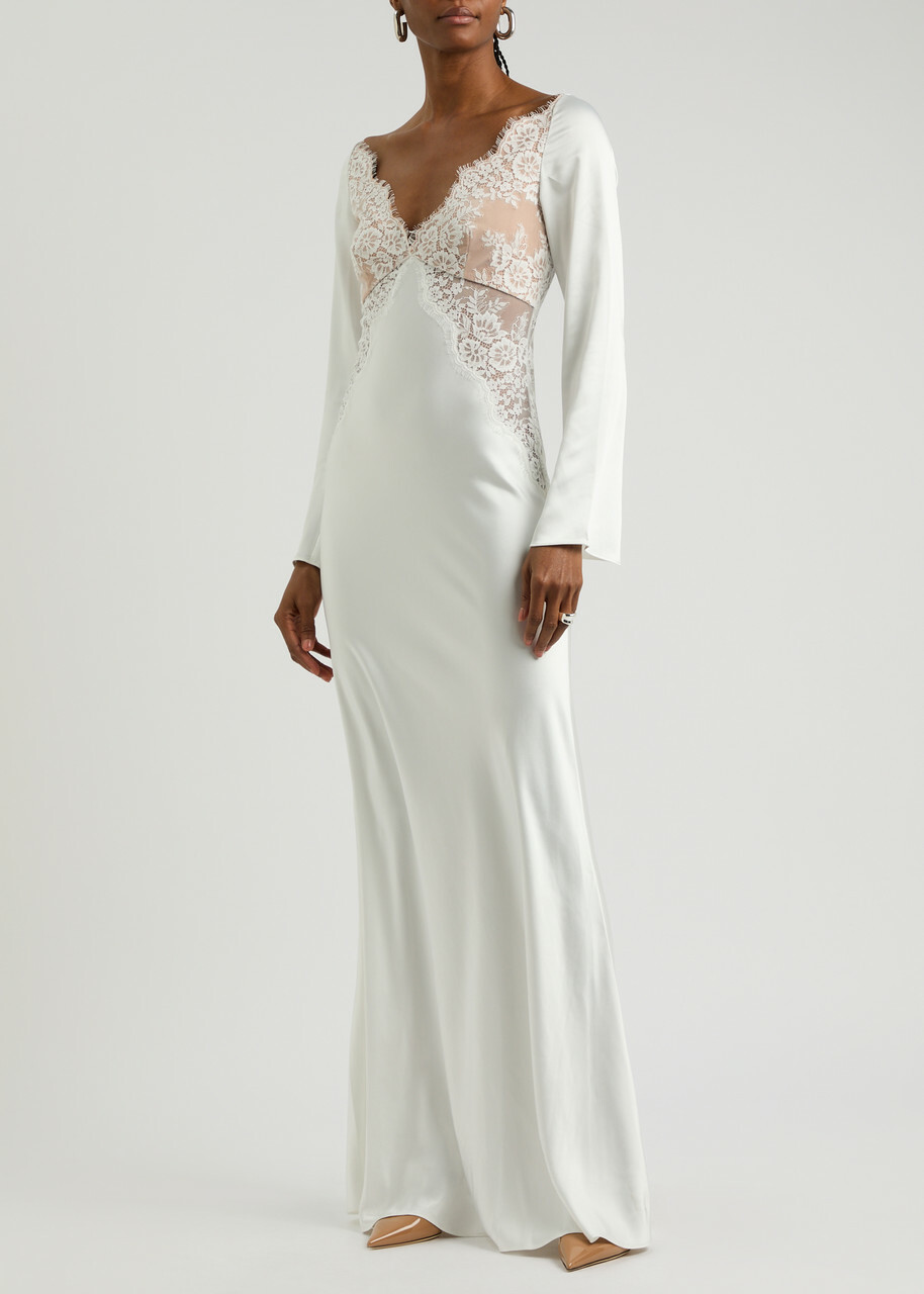 Self-portrait X Christopher Kane Lace and Satin Maxi Dress White