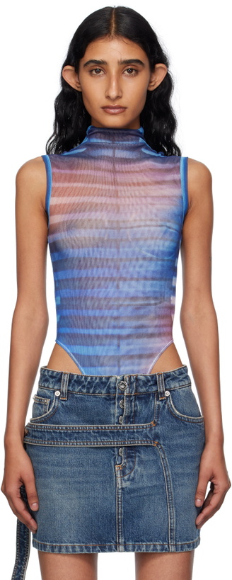 Photo: Jean Paul Gaultier Blue & Pink High Neck Printed Air Bodysuit
