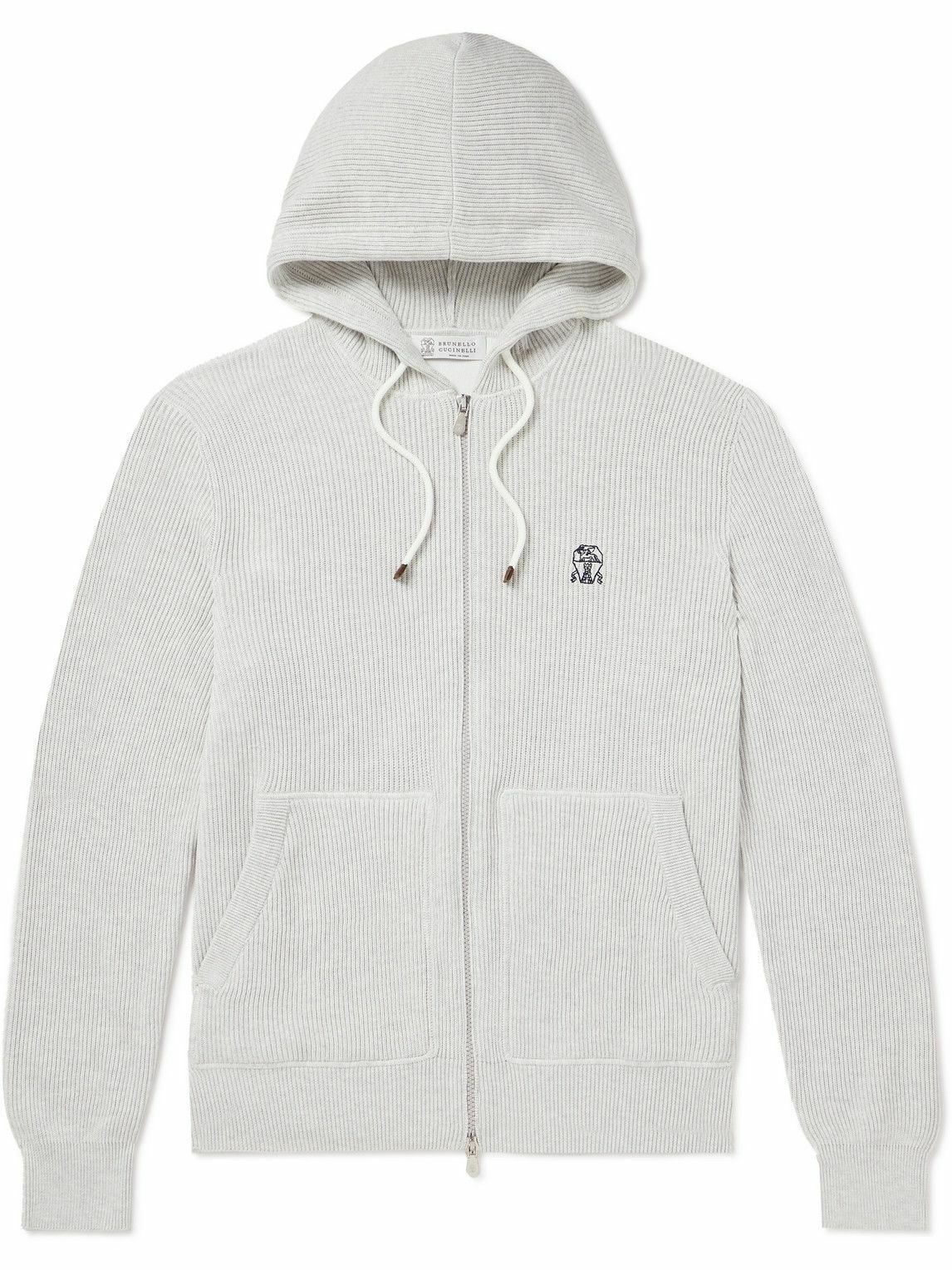 Photo: Brunello Cucinelli - Logo-Embroidered Ribbed Cotton Zip-Up Hoodie - Gray