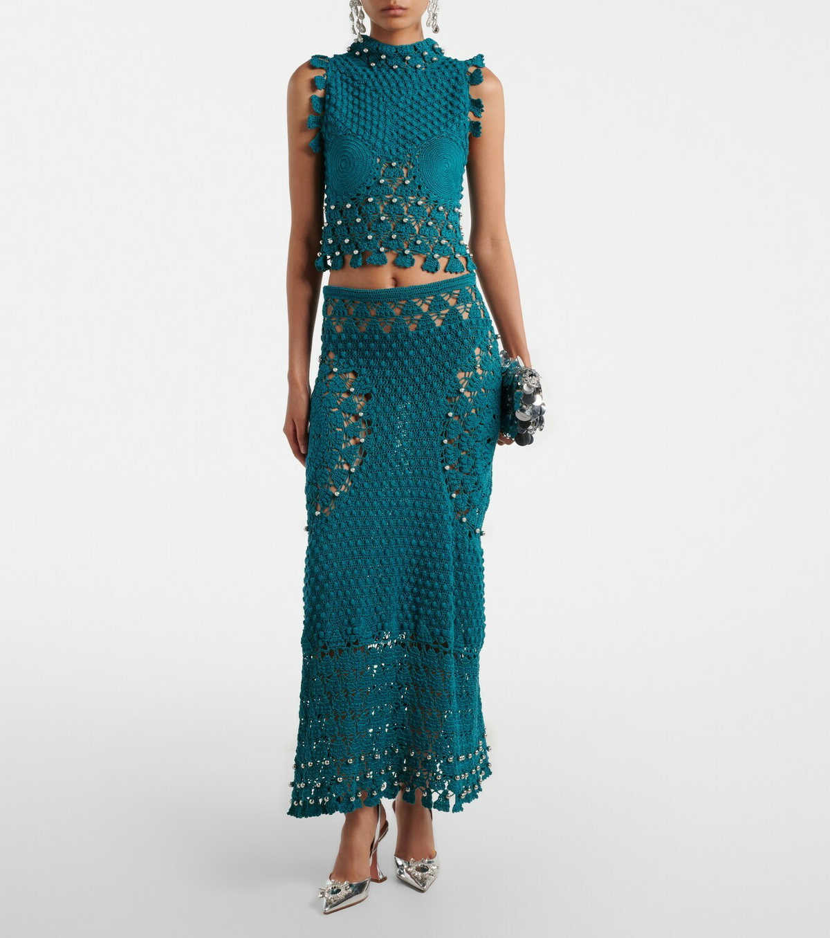 Rabanne Embellished cotton crochet top