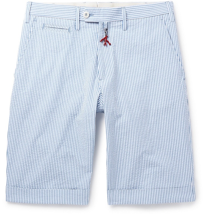 Photo: Isaia - Slim-Fit Striped Cotton-Seersucker Shorts - Blue