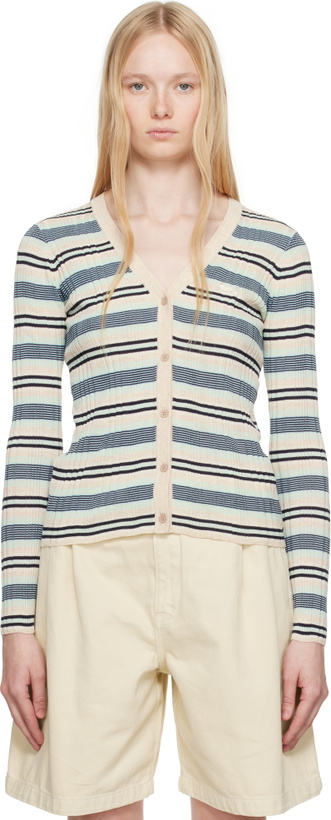 Photo: Maison Kitsuné Beige & Blue Fine Rib Striped Cardigan