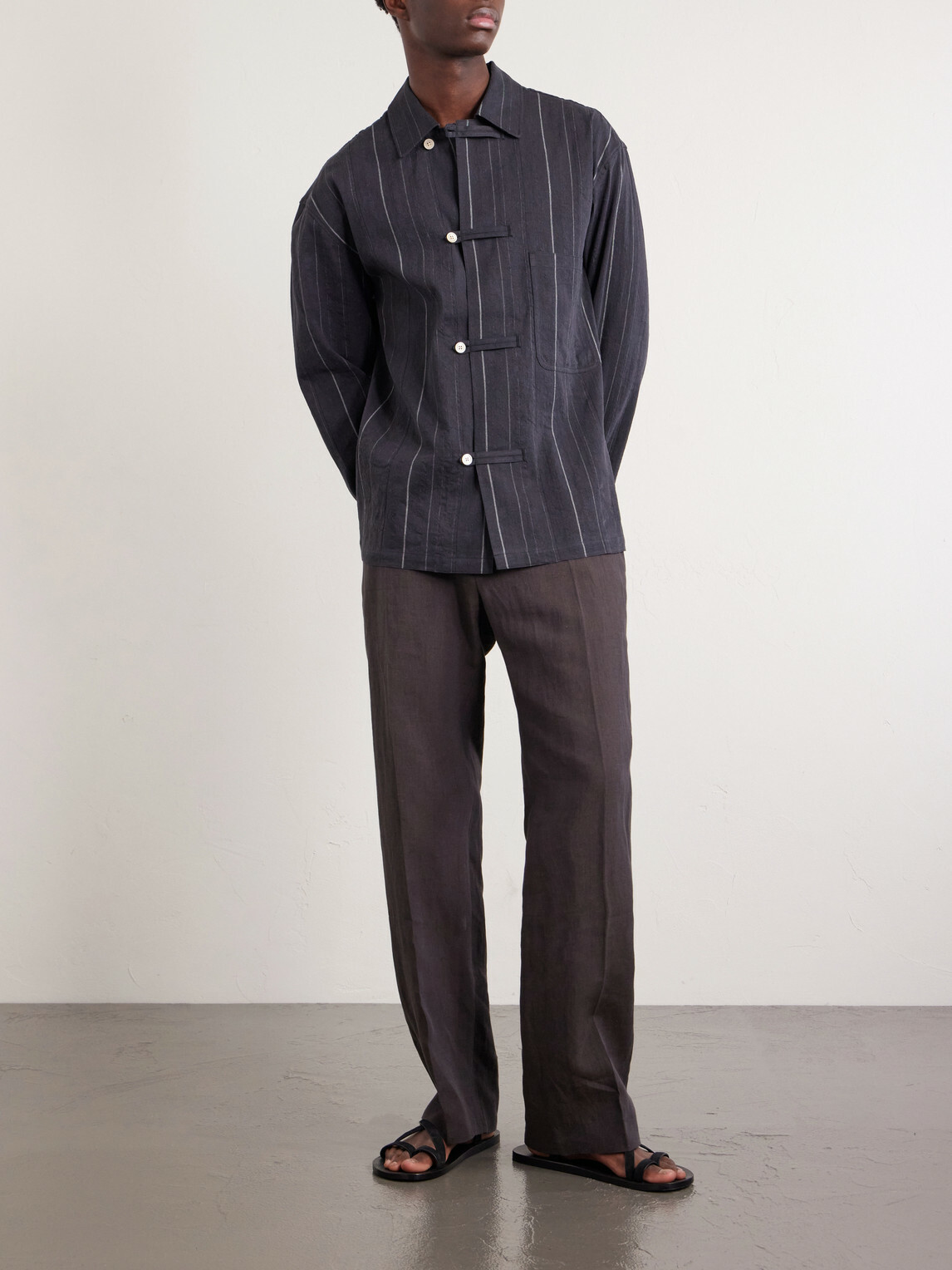 A Kind Of Guise - Matara Cropped Pinstriped Cotton and Linen-Blend Overshirt - Black