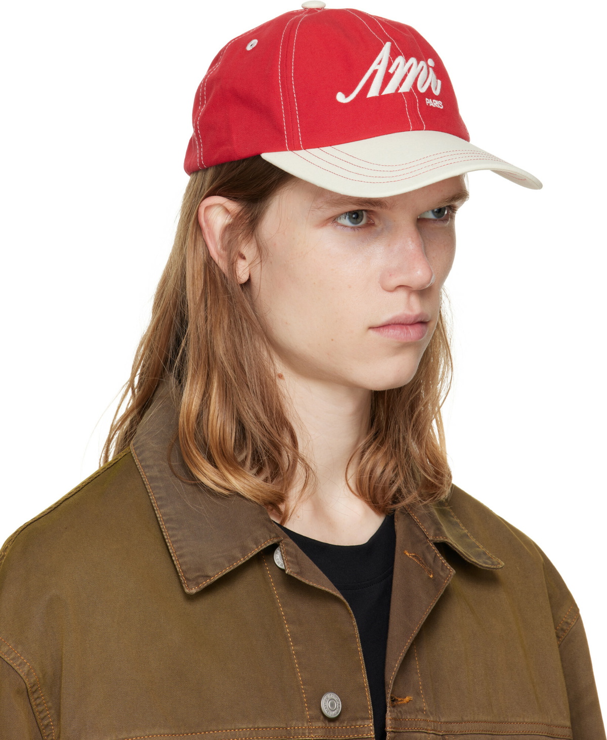 AMI Paris Red & White 'AMI' Embroidery Bicolor Cap