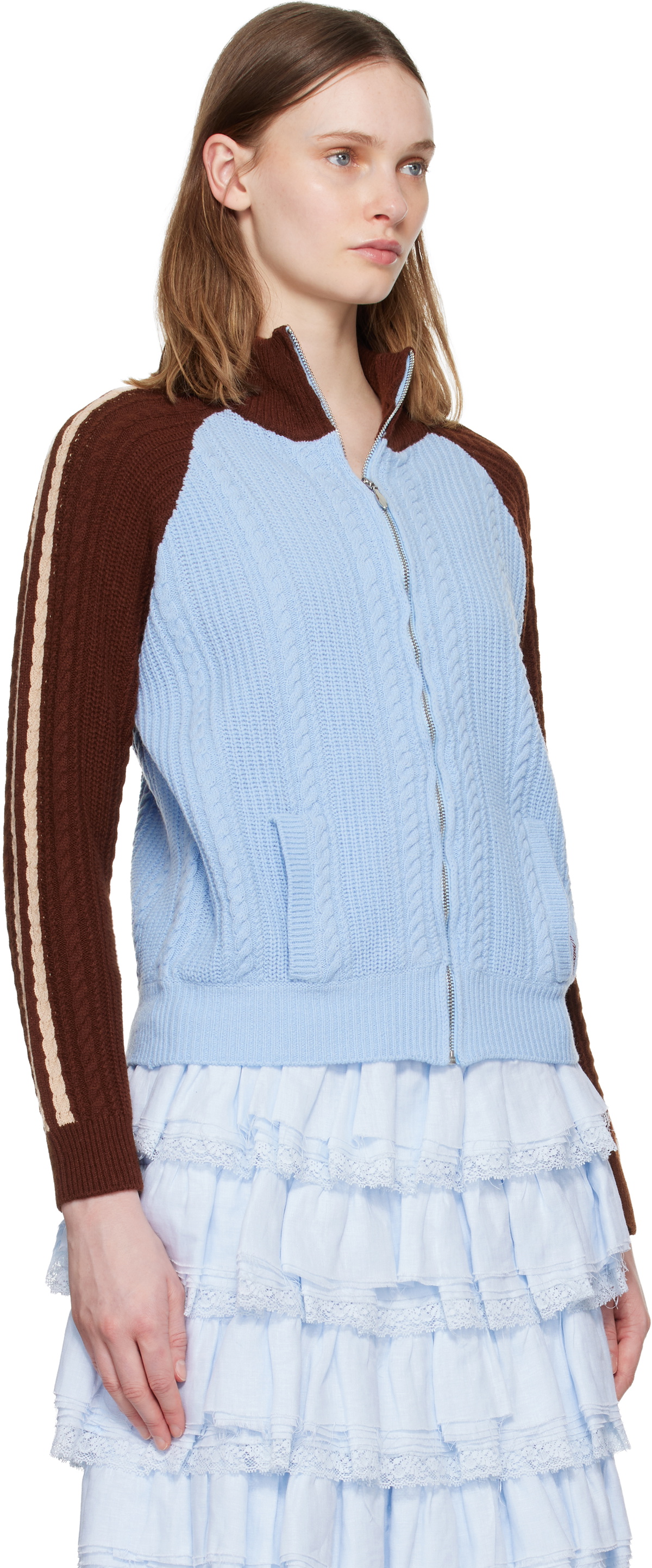 SHUSHU/TONG Blue & Brown Color-Block Raglan Sleeve Knit Cardigan