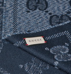 Gucci - Fringed Logo-Intarsia Wool Scarf - Blue