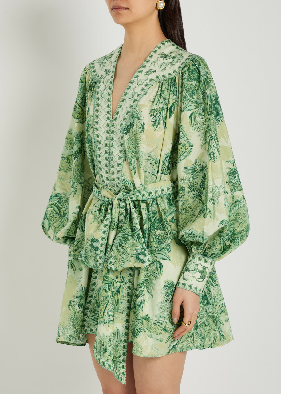 Alemais Sara Printed Cotton and Silk-blend Mini Dress Green