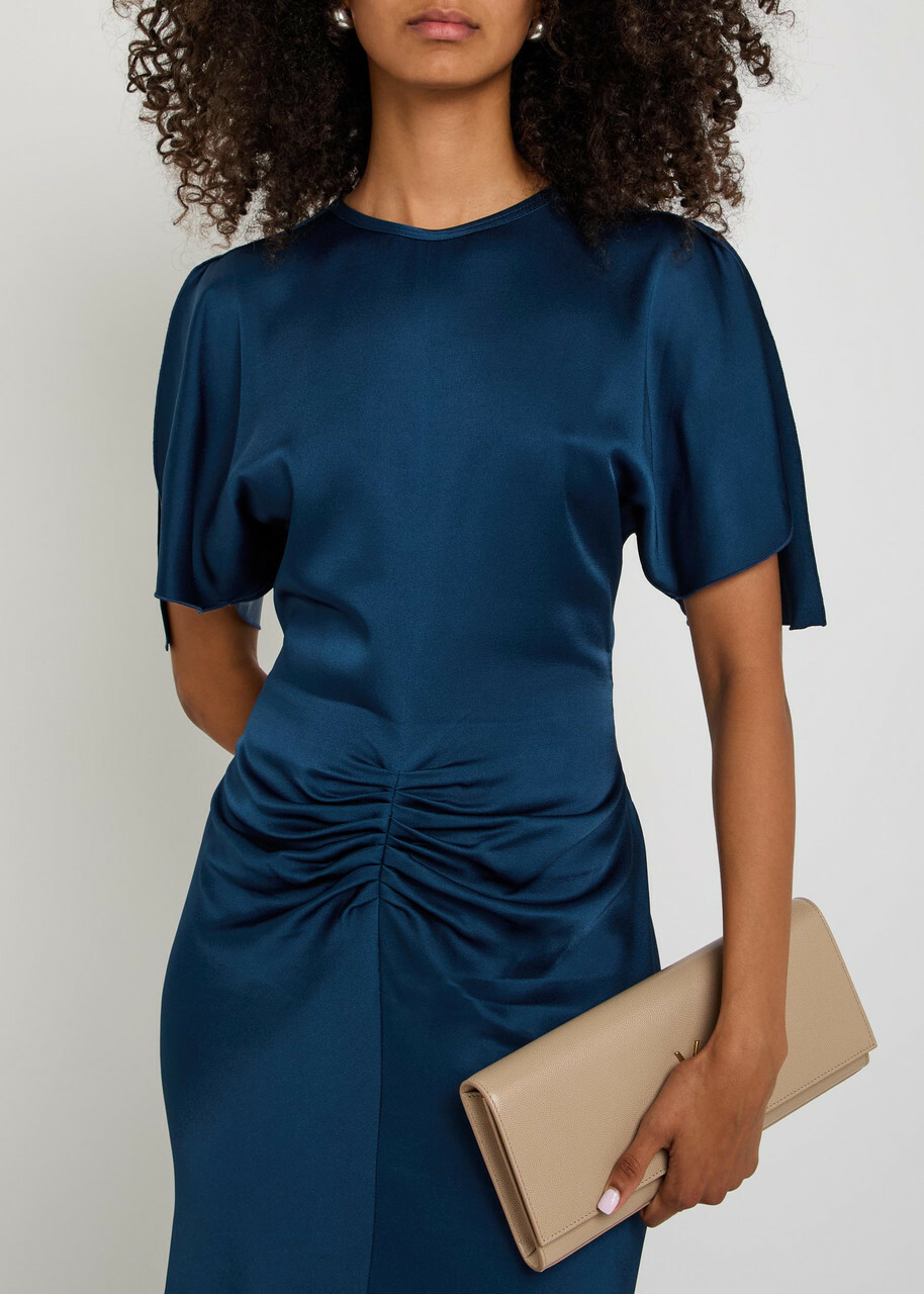 Victoria Beckham Isabella Gathered Satin-crepe Gown Dark Blue