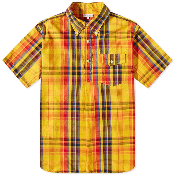 Photo: Engineered Garments Men's Popover Button Down Short Sleeve Shirt in Gold Cotton Plaid