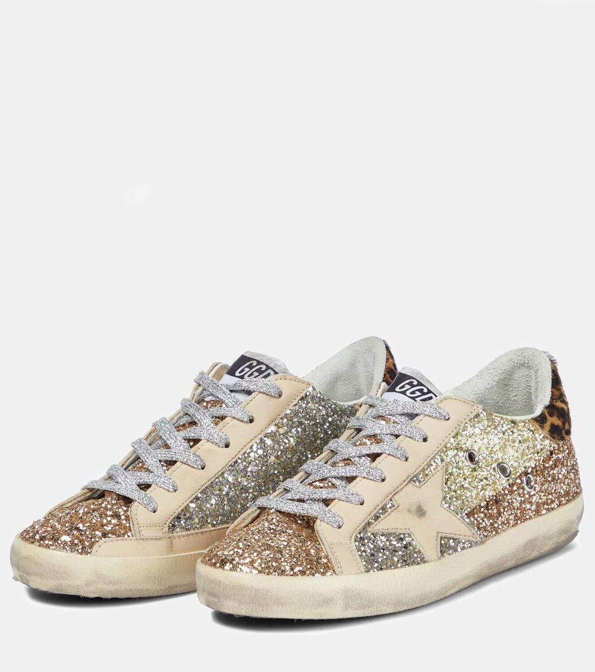 スニーカー Golden  Super-Star Glitter-Detailed Leather Sneakers Golden Goose Super-Star glitter leather sneakers Golden