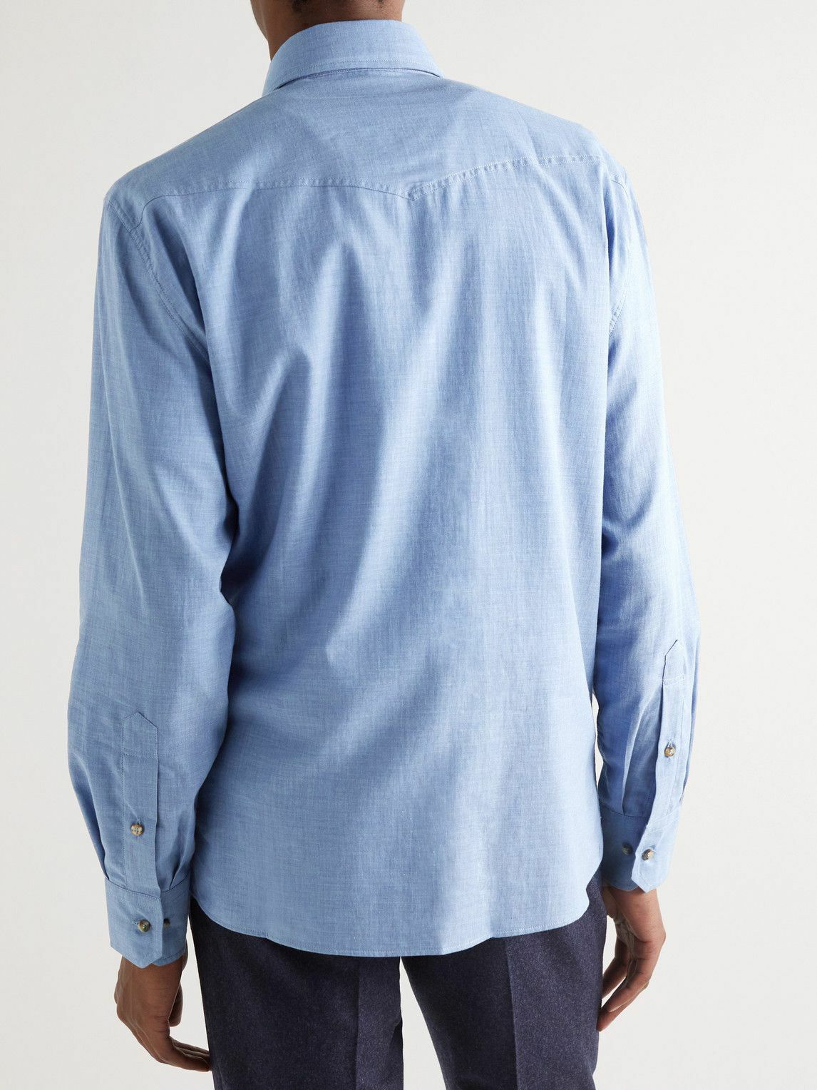 Brunello Cucinelli - Cutaway-Collar Cotton-Chambray Western Shirt ...