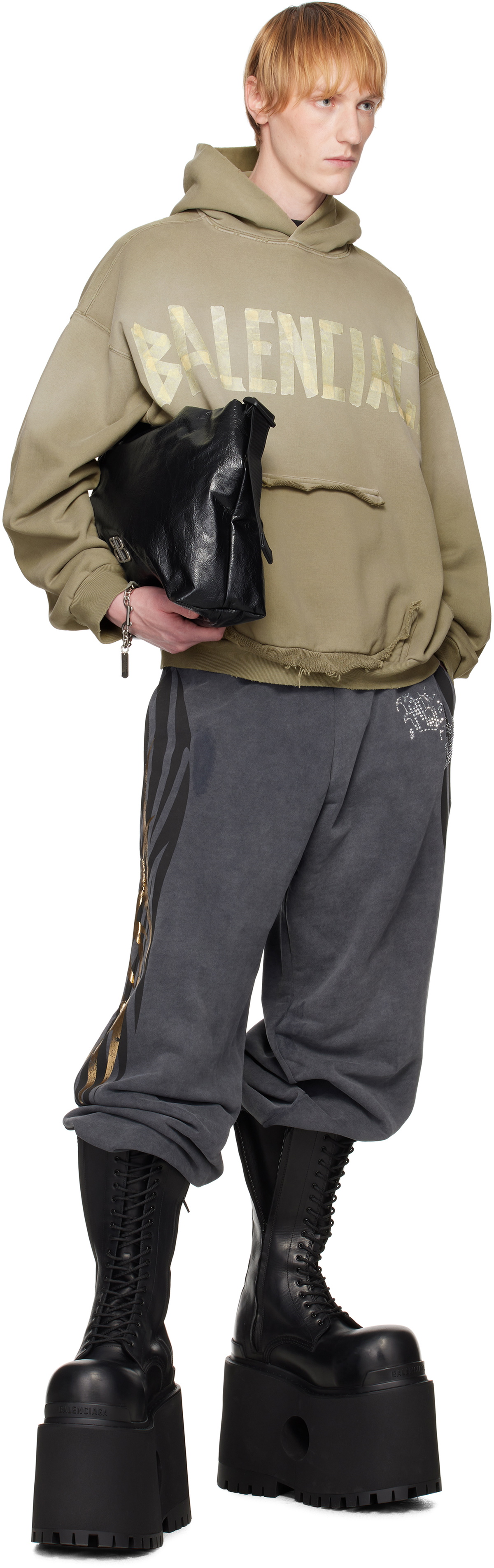 【BALENCIAGA】グリーン Tape Type Ripped Pocket フーディ Balenciaga Green Tape Type Ripped Pocket Hoodie Balenciaga
